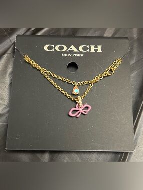 COACH Gold-Tone Layered Necklace with Pink Bow and Opal Teardrop
